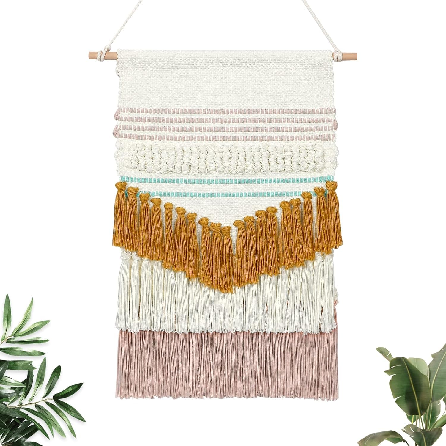 LOMOHOO Macrame Wall Hanging Woven Tapestry with Tassel Tufted Colorful Geometry Tapestries Blue Yellow Pink Bohemian Art Boho Chic Decor Bedroom Apartment Home Decoration(Pink and Yellow)