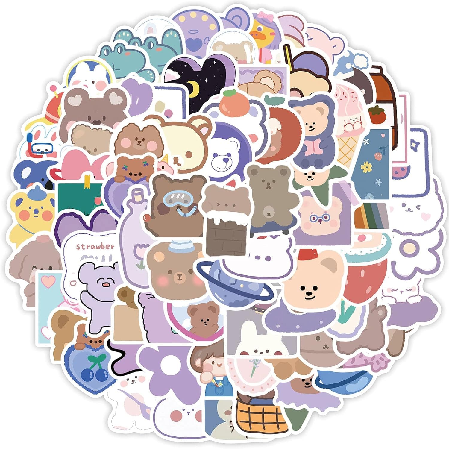 Cute Korean Bear Stickers for Hydroflasks 90pcs, Aesthetic Lovely Vinyl Decals for Water Bottles Laptop Journal Scrapbook Phone Skateboard Luggage Guitar