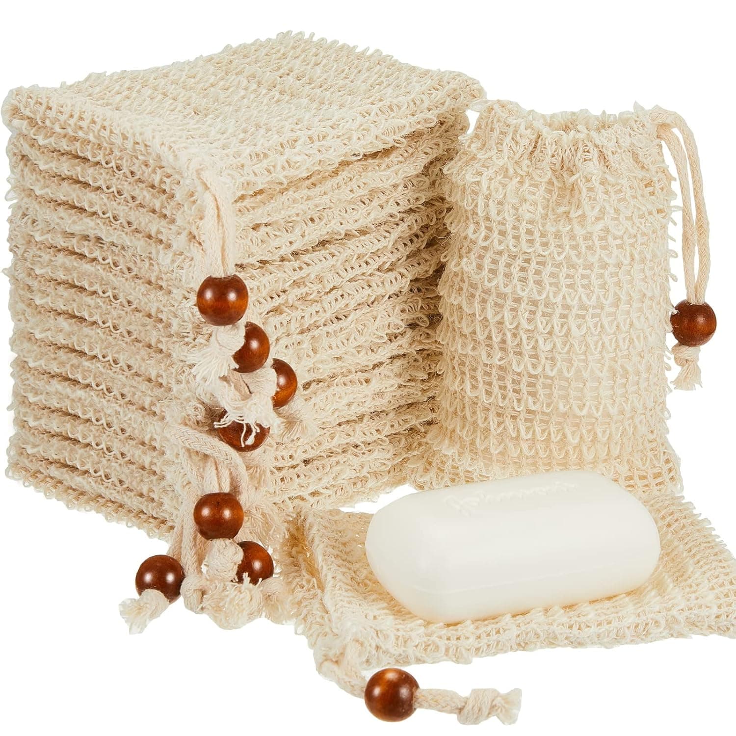 Cunhill Soap Saver Bag Sisal Soap Bag Exfoliating Soap Pouch with Drawstring Bar Soap Bag with Wooden Bead Foaming and Drying Soap Exfoliating Net Soap Saver for Bath and Shower (60)