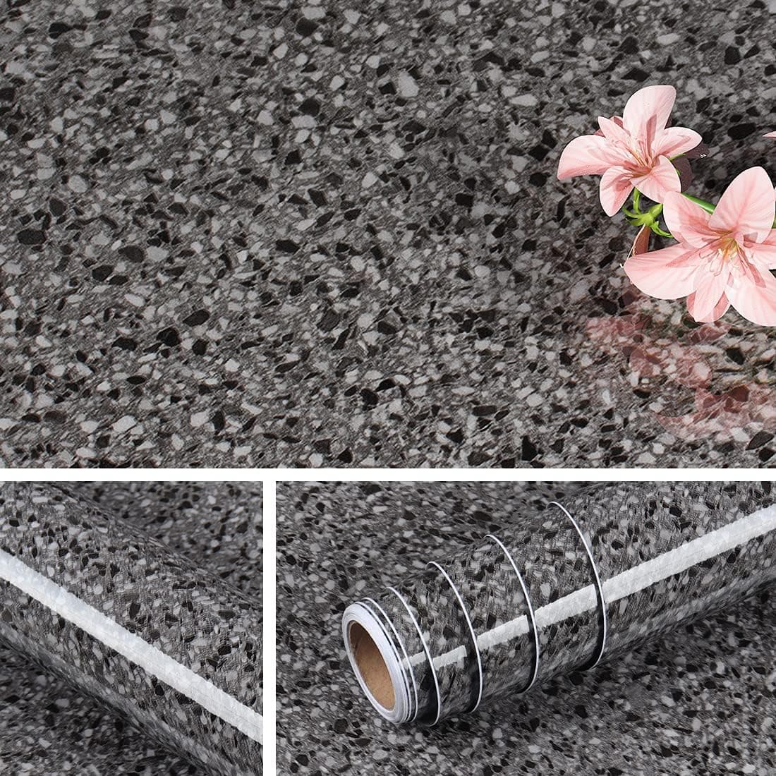 Livelynine Dark Granite Contact Paper for Countertops Peel and Stick Countertop Paper Waterproof Granite Countertop Wallpaper for Bathroom Kitchen Counter Top Laminant Charcoal Gray 15.8"X78.8"