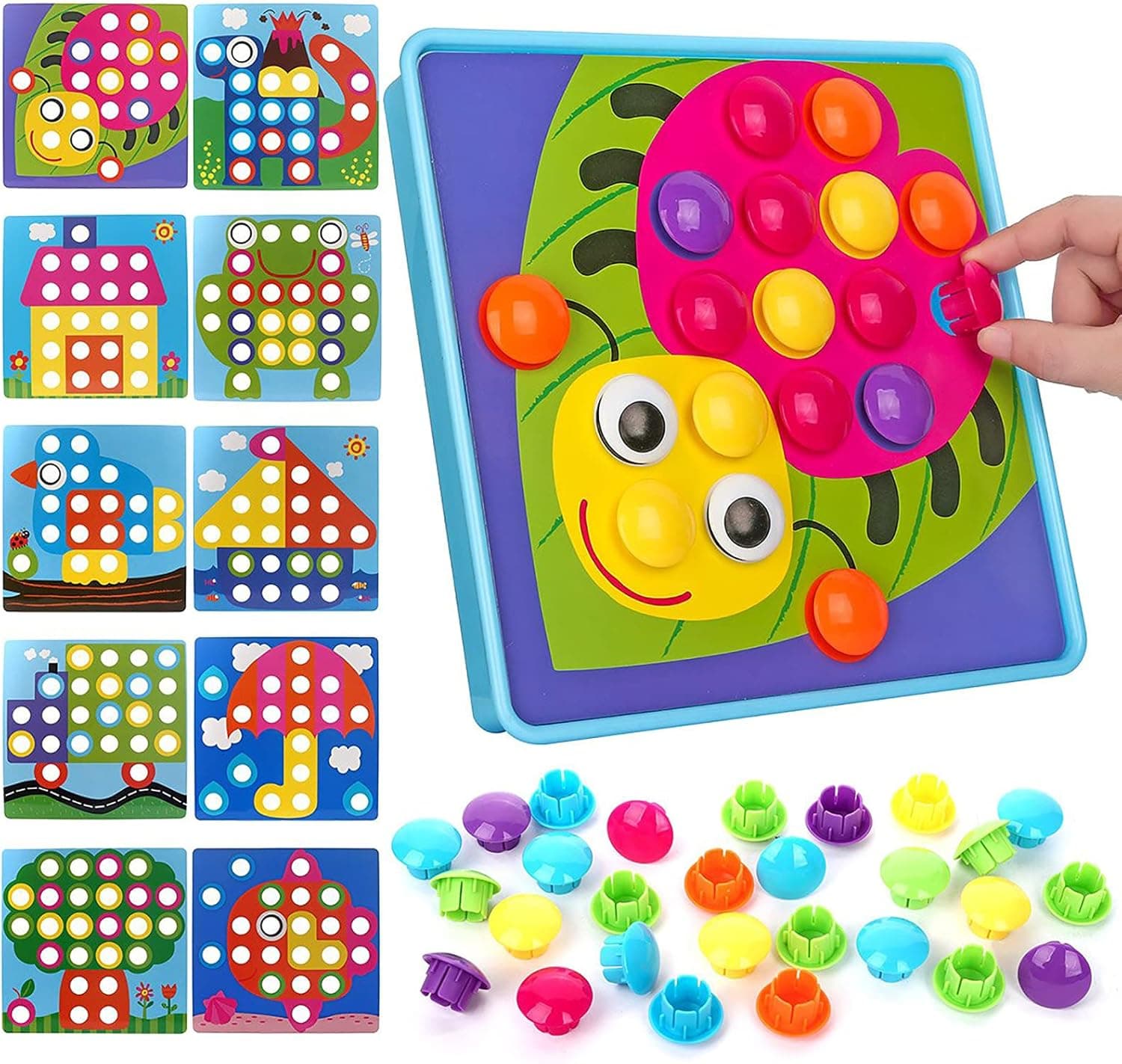 QYYAYA Color Matching Early Pegboard Early Learning Educational Toys for Age 3+ Year Old Girls and Boys, 10 Pictures and 46 Buttons