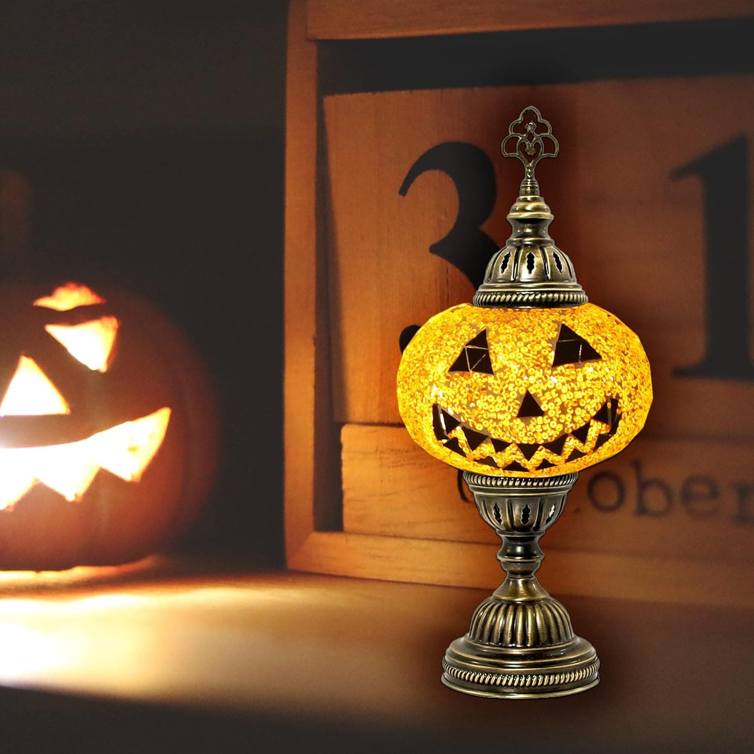 KARALP MOZAIK Halloween Decorations Pumpkin Table Lamp - Handmade Turkish Mosaic Pumpkin Glass Lamp - Pumpkin Lamp Shade- Halloween Home Decor