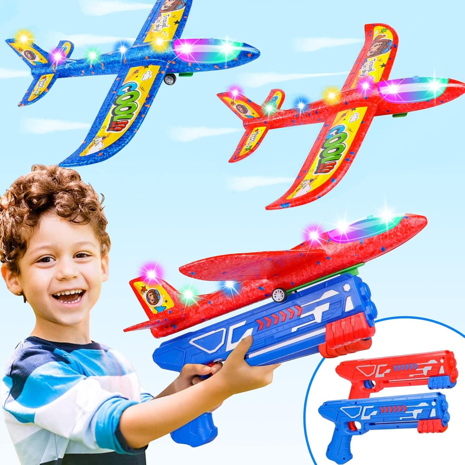 FLY2SKY 2 Pack LED Light Airplane Launcher Toy Set 2 Flight Mode Glider Airplane Foam Outdoor Sport Toys Party Favor Summer Toy Airplanes for Boys 3-12 Outdoor Toys for Kids 2 Plane + 2 Launcher