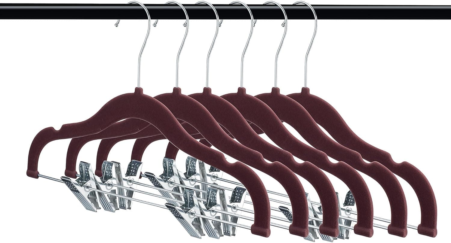 A1 Hangers 12 Pack Kids Hangers with Clips Chocolate (13" Length) Baby Clothes Hangers Velvet Hangers use for Skirt Hangers Clothes Hanger Pants Hangers Ultra Thin No Slip Kids Hangers