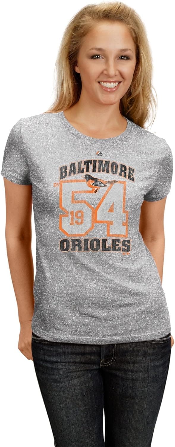 Majestic MLB Women's Baltimore Orioles Established Success Short Sleeve Crew Neck Tee (Steel Heather)