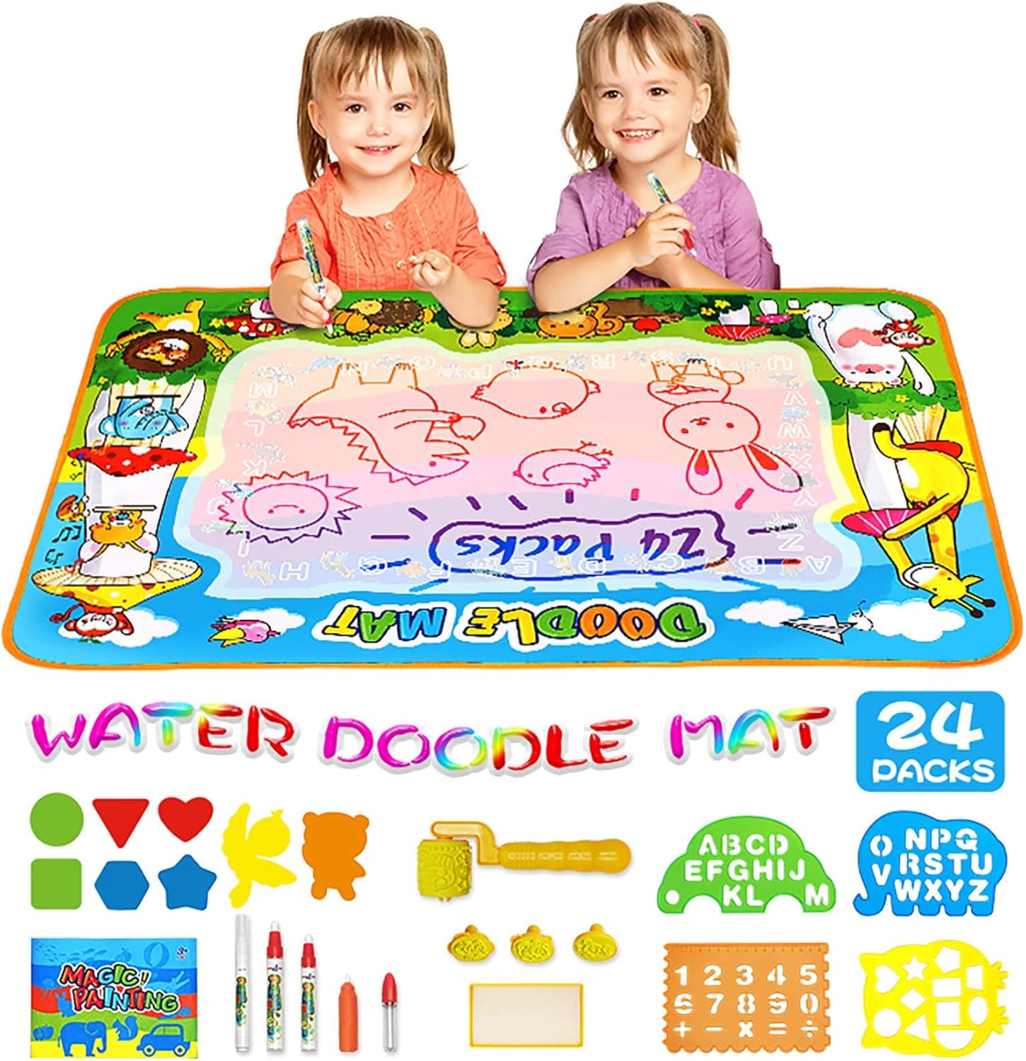MOZOOSON Educational Toy-Water Doodle Mat, Kids Large Coloring Mat 40"x28", No Mess Drawing Coloring Mat with 4 Colors, Ideal Gift for Kids Toddlers Boys Girls Age 3 4 5 6 7 8 Year Old