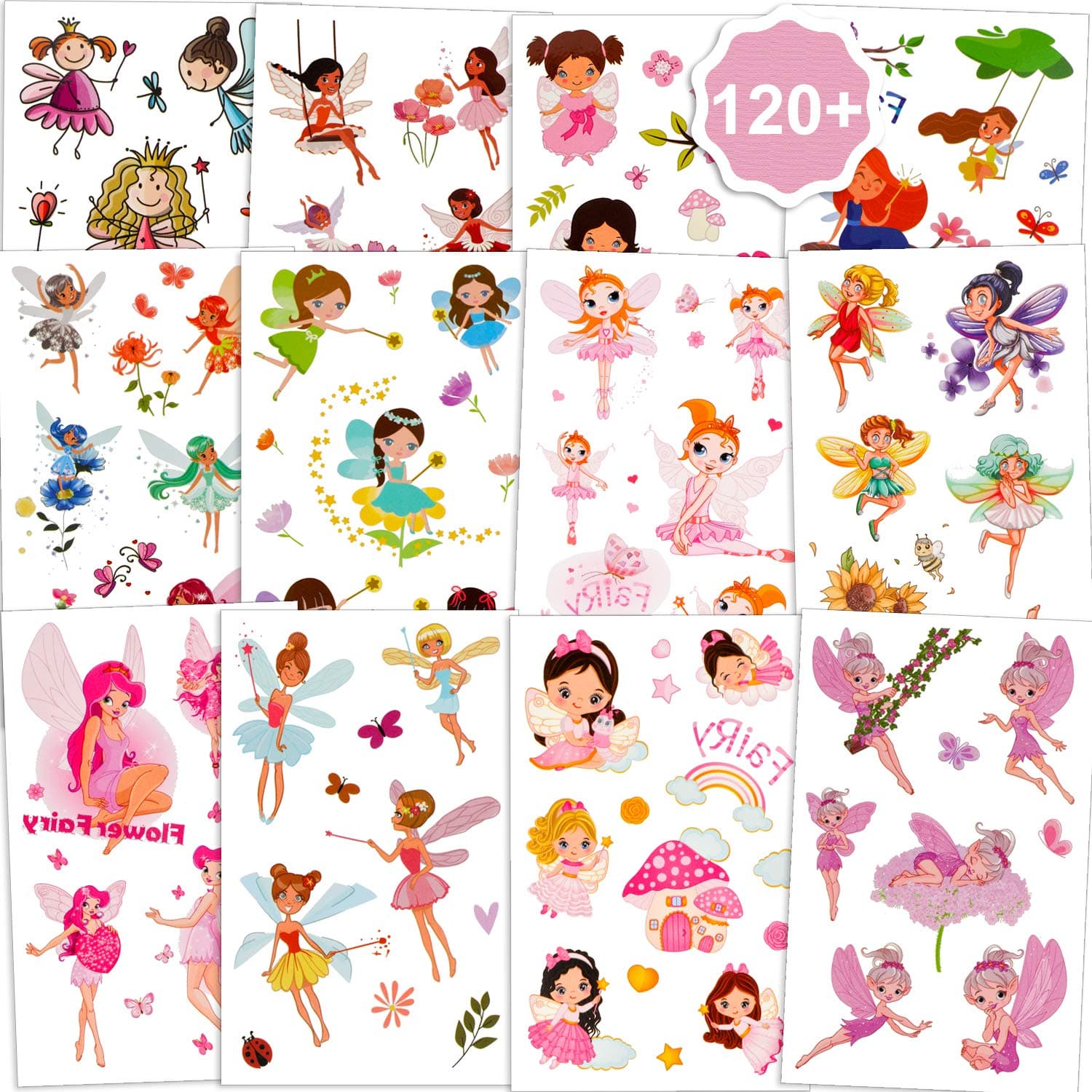 Konsait Flower Fairy Temporary Tattoos For Girls(120+pcs), Garden Fairy Princess Flower Fairy Fake Tattoo Stickers Waterproof Tattoos for Kids Birthday Party Fairy Princess Party Favor Decor Gift