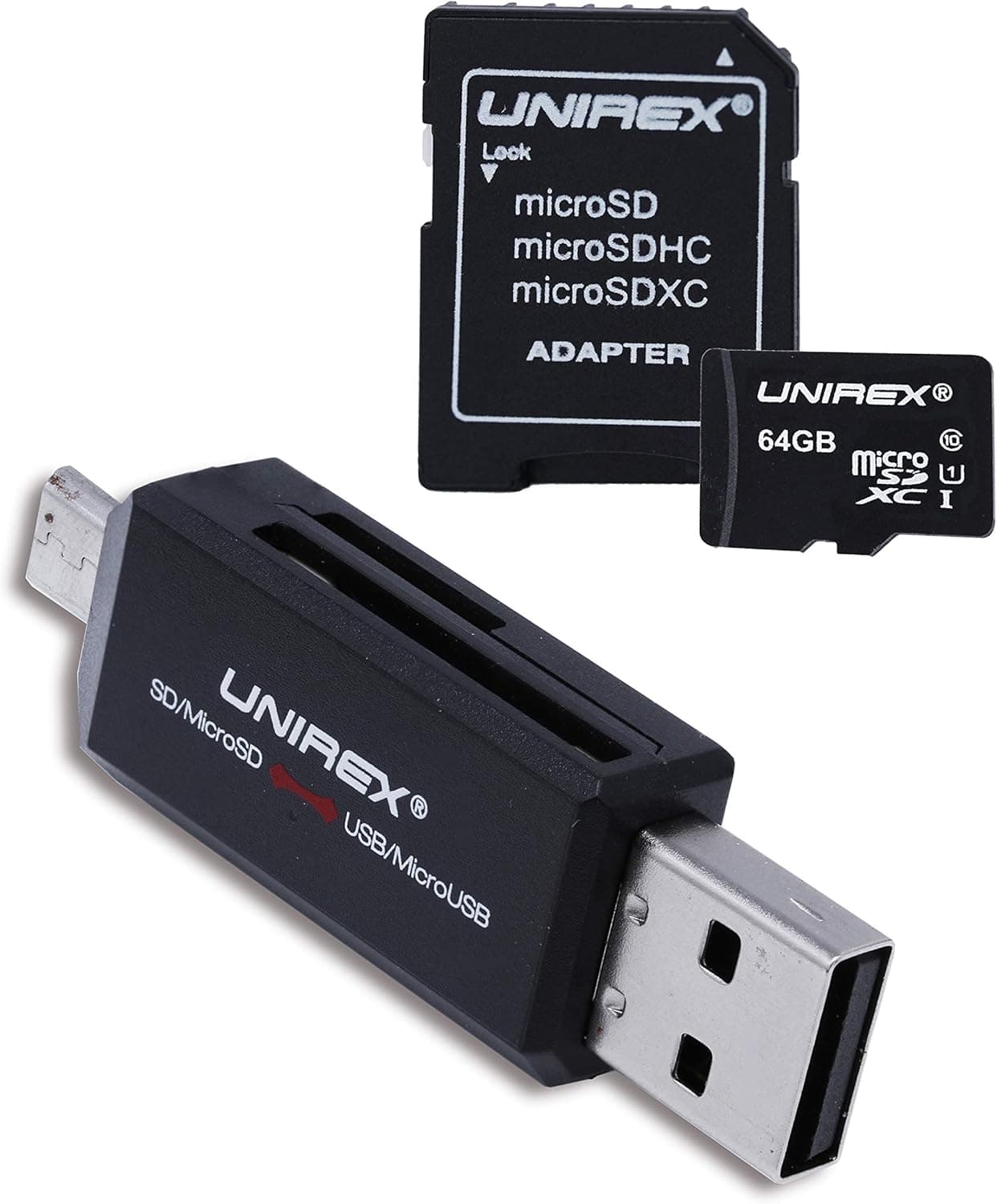 Unirex MSW-645S MicroSD Card with Full Sized Adapter and MicroSD/SD reader to Micro USB/USB, Works With Any Product with MicroSD or SD Card Slot, 64GB, Class 10