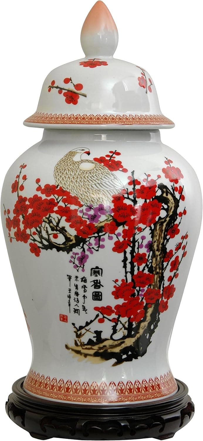 Oriental Furniture 18" Cherry Blossom Porcelain Temple Jar