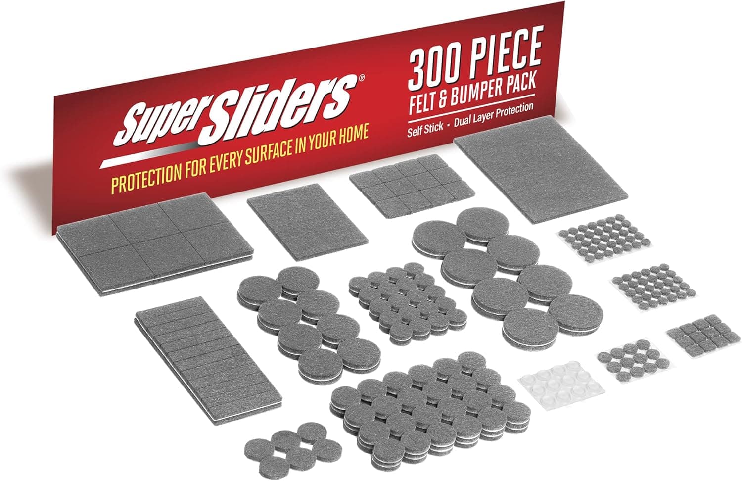 Super Sliders Self-Stick Furniture Felt Pads & Cabinet Bumpers- Protect Hardwood, Tile & Laminate Surfaces, Gray/Clear (300)
