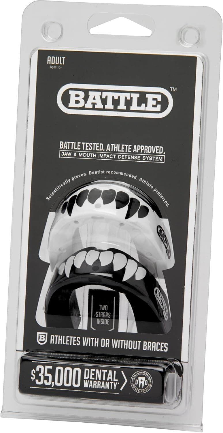 Battle Fangs Football Mouthguard – Sports Mouth Guard with Removable Strap – Protector Mouthpiece Fits With or Without Braces on Teeth – Adult & Youth Mouth Guard Sizes, 2 Pack