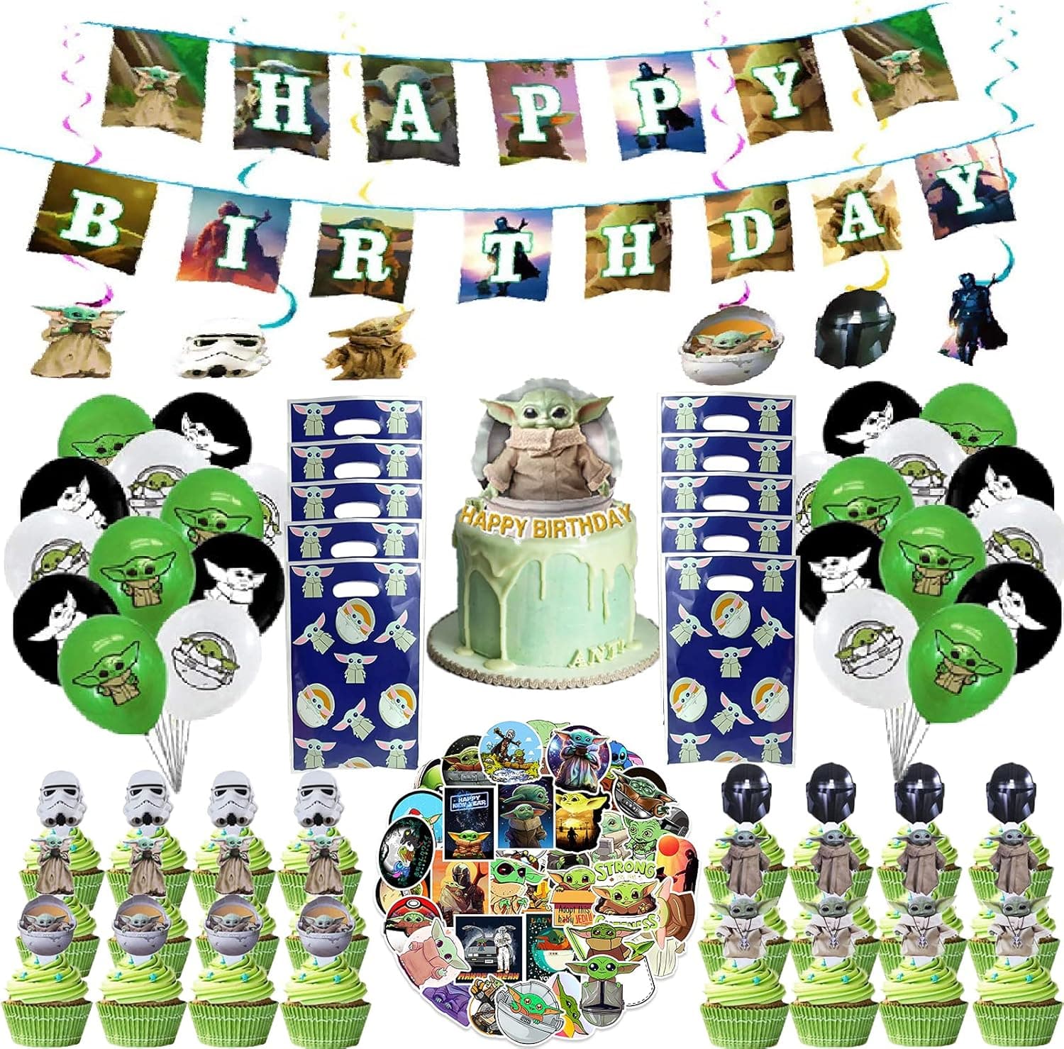 Gepulin 106Pcs Baby Yoda Birthday Decorations Party Supplies Included Stickers, Birthday Banner, Hanging Swirl, Balloons, Cupcake Toppers,Gift Bag, For The Child Mandalorian Party Favors