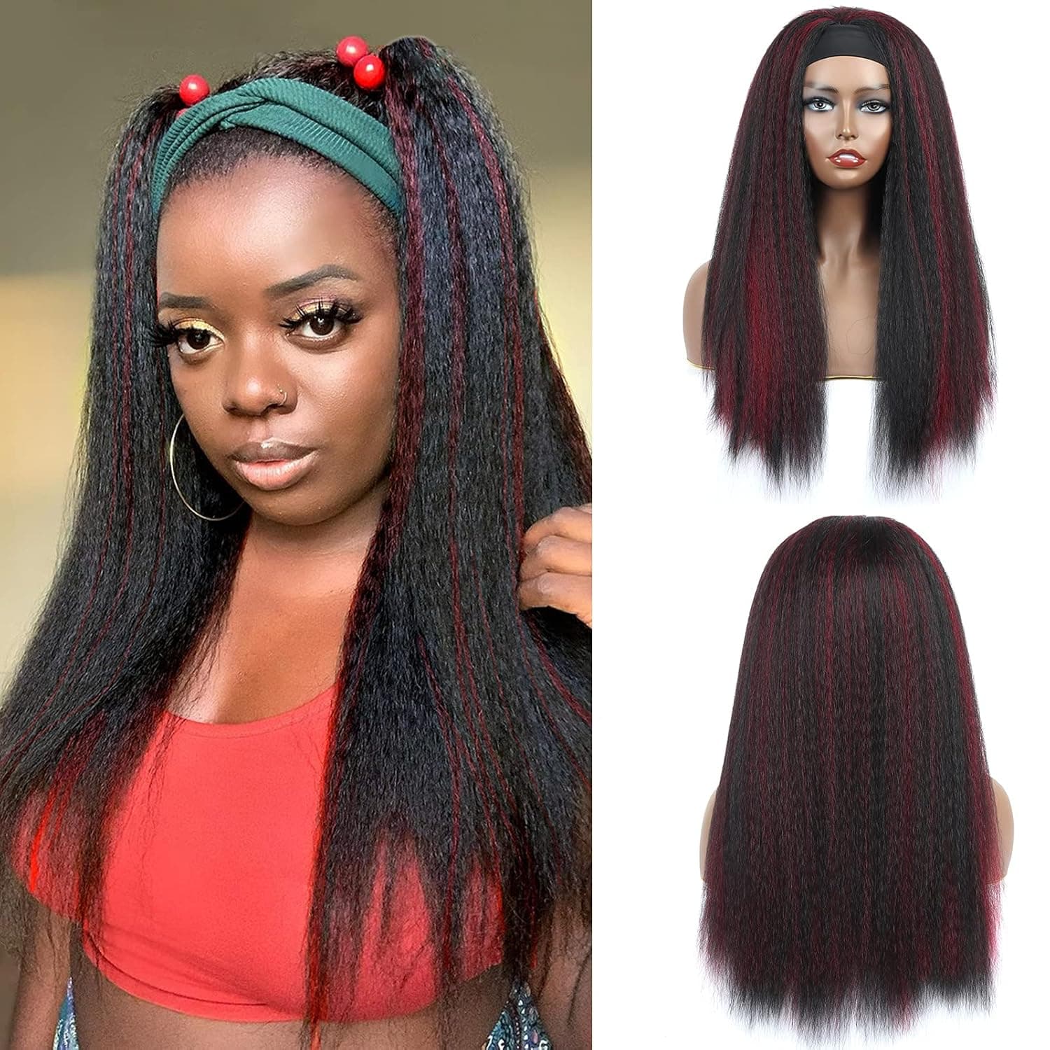 Yebo Headband Wigs Kinky Straight 24 Inch for Long Straight Headband Wigs for Women with Black Headband High Temperature Synthetic Hair Silky Straight Hair Wigs(24 Inch, M1B/BUG)