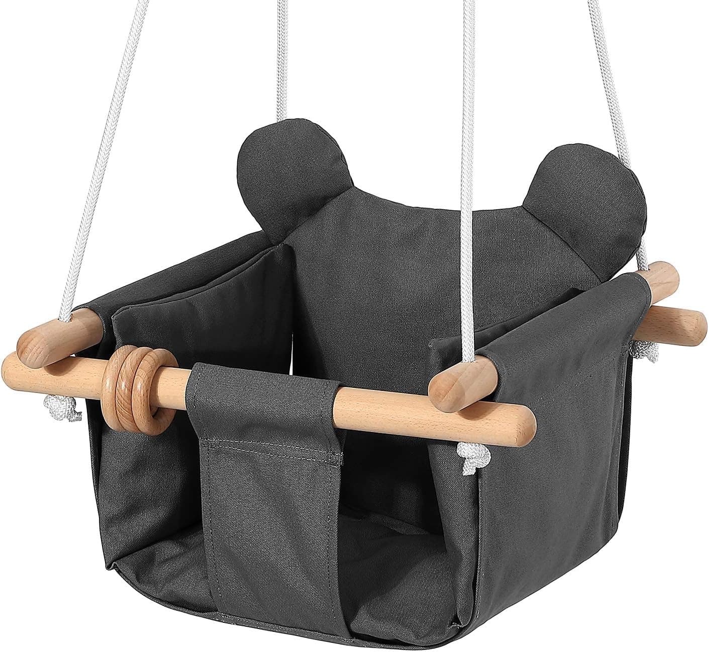 Mlian Secure Canvas and Wooden Baby Hanging Swing Seat Chair Indoor and Outdoor Hammock Backyard Outside Swing Kids Toys Swings 6-36 Months with Ear Décor Cushion and Natural Wooden Ring, Grey
