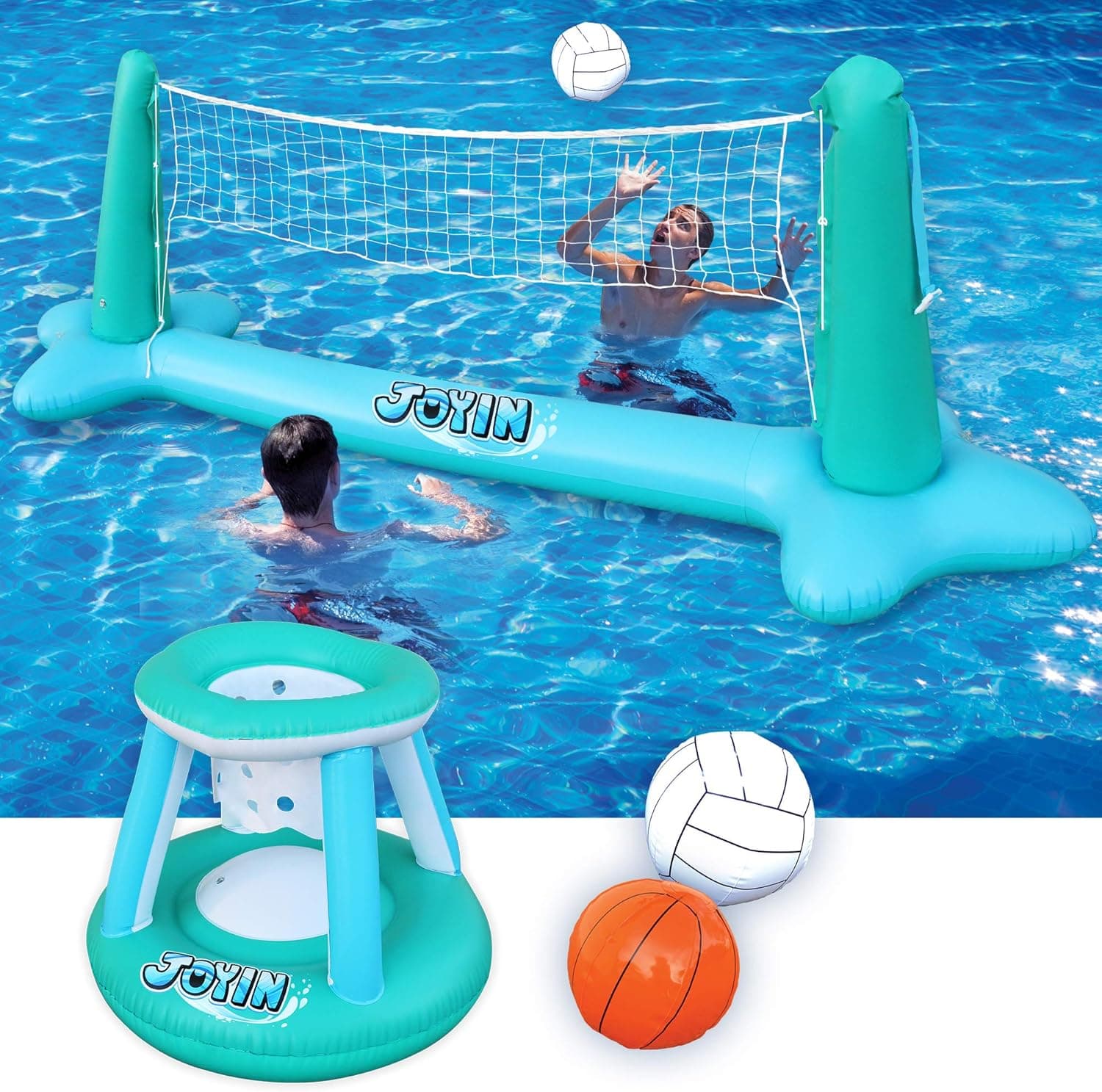 JOYIN Inflatable Pool Float Set Volleyball Net & Basketball Hoops, Floating Swimming Game Toy for Kids and Adults, Summer Floaties, Volleyball Court (105”x28”x35”)|Basketball (27”x23”x27”),Blue