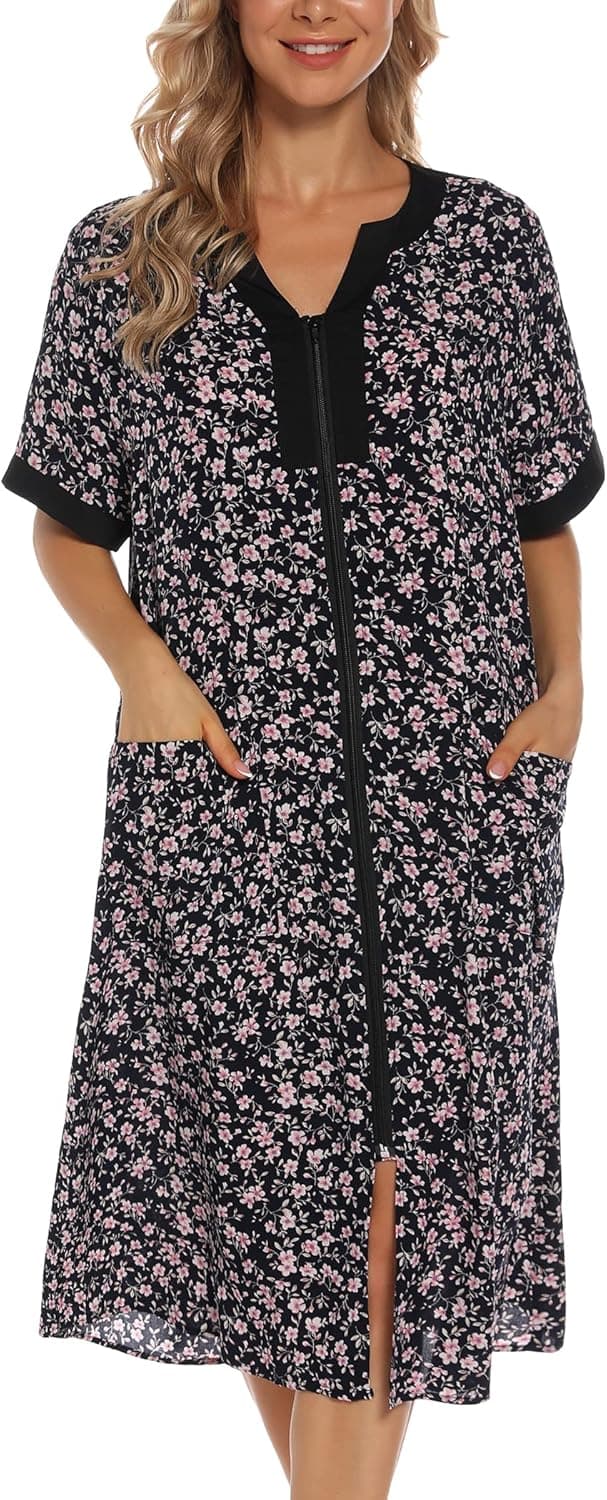 YOZLY Women's Short Sleeve House Dress Zipper Front Housecoat with Pockets