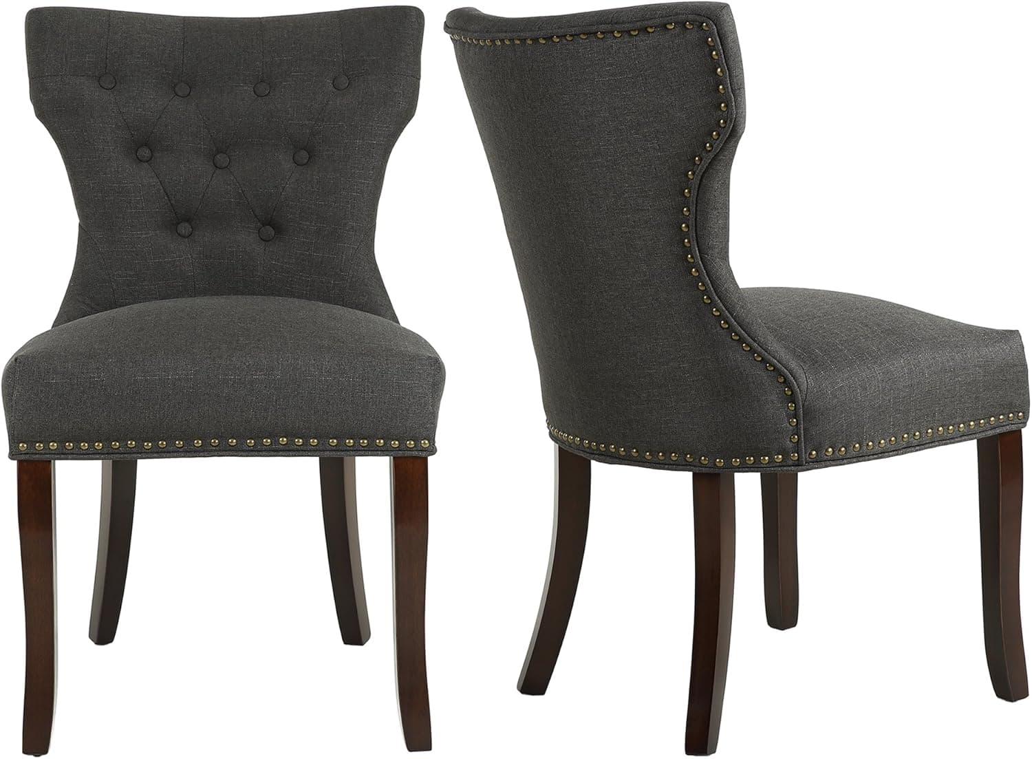LSSBOUGHT Set of 2 Fabric Dining Chairs Leisure Padded Chairs with Brown Solid Wooden Legs,Nailed Trim,Charcoal