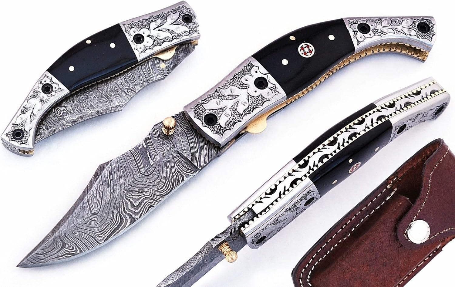 Noshra Wholesale Buffalo Horn Handle Damascus Steel Blade Folding Pocket Knife with Engraved Silver Bolster W/Case Plus Free Knife Sharpner