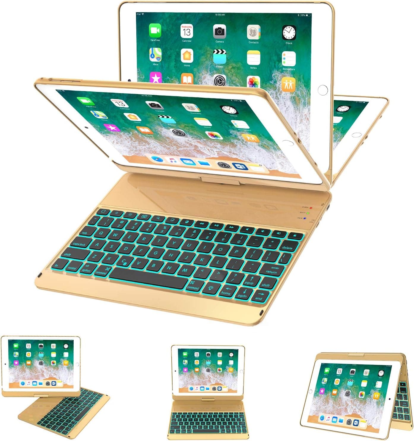 Earto iPad Keyboard Case 9.7 for iPad 2018 (6th Gen) - 2017 (5th Gen) - iPad Pro 9.7 - iPad Air 2 & 1, 7 Color Backlit Keyboard Case/360 Rotate Wireless/BT Keyboard Case with Auto Sleep/Wake, Gold
