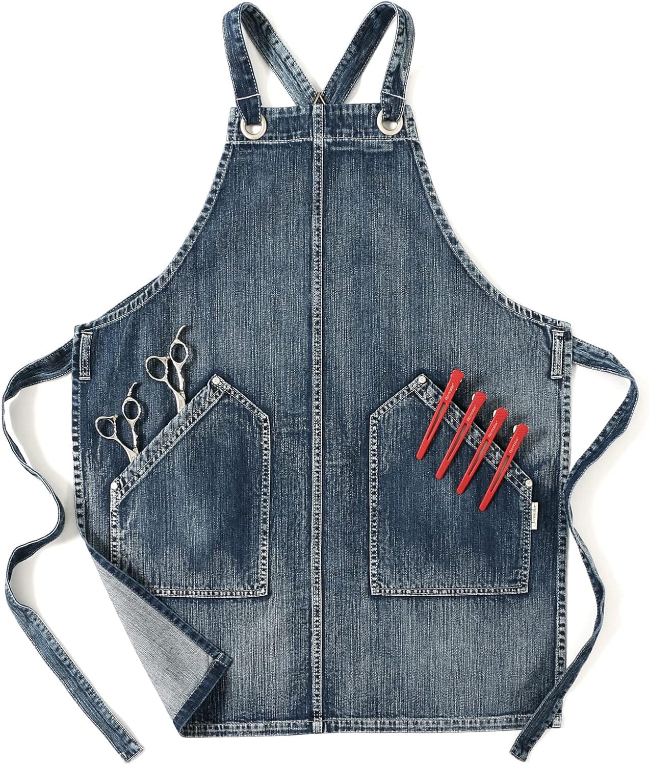 Jeanerlor Denim Cross Back Apron Acid Washed With Pockets for Hair Stylist