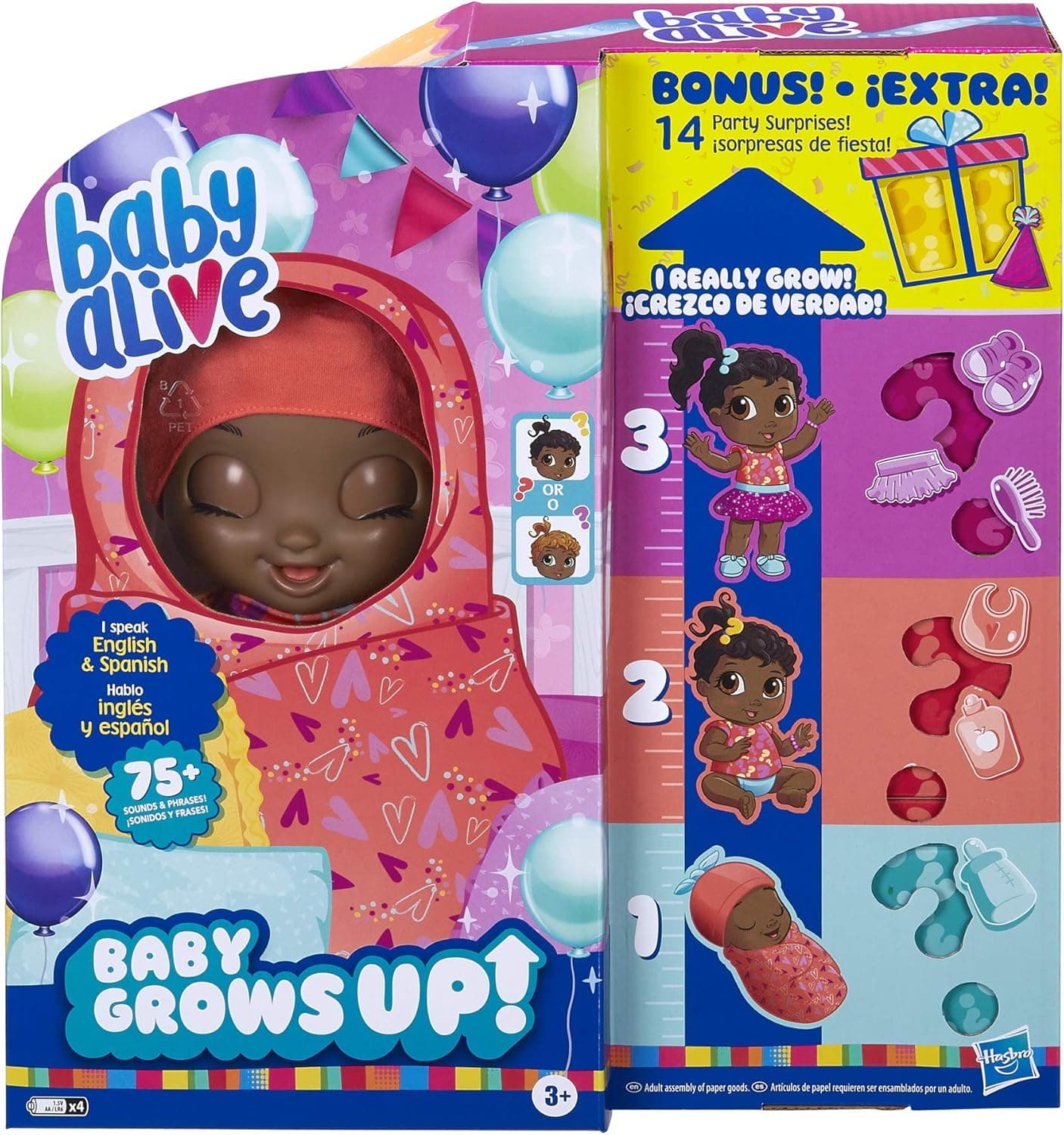 Baby Alive Baby Grows up (Sweet) Sweet Blossom or Lovely Rosie,Growing and Talking English Spanish Baby Doll with Bonus 14 Surprises Pack