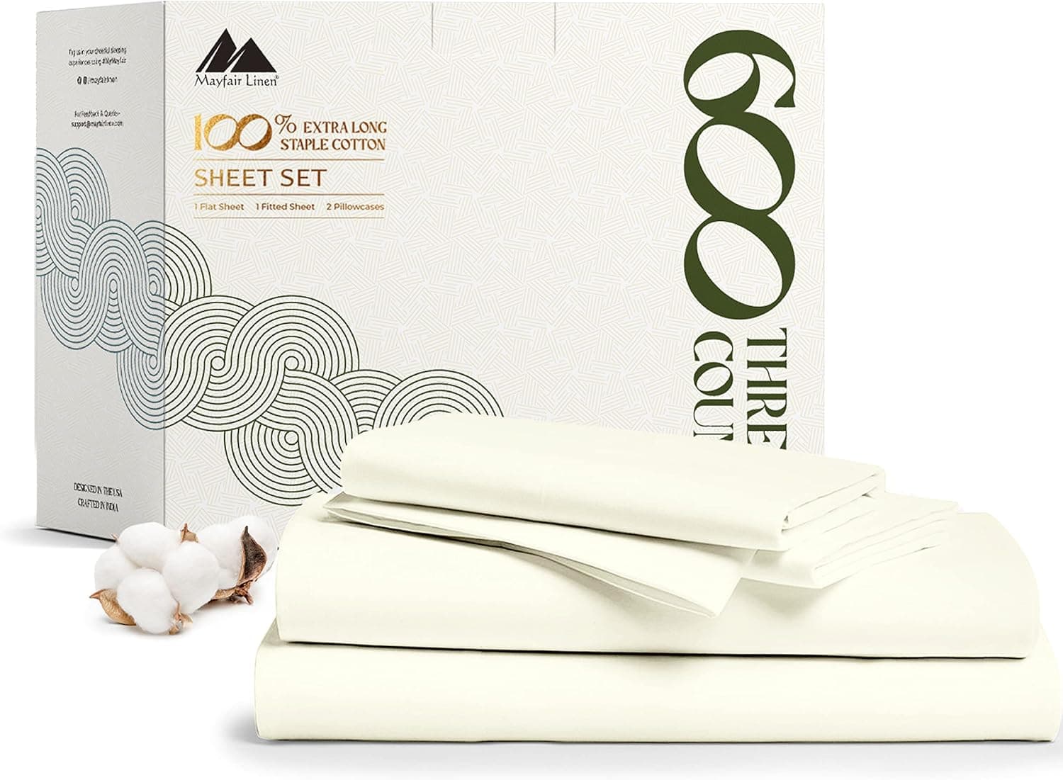 Mayfair Linen 5 Star Luxury Hotel King Size 100% Cotton Sheets - Egyptian Cotton Quality 600 TC Sheets for King Bed - 4 Piece Bedding Set with Deep Pocket, Breathable & Cooling Bedsheet (Ivory)