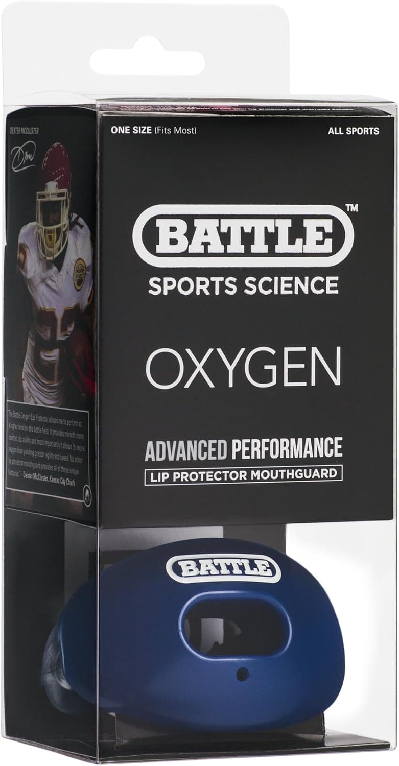 Battle Oxygen Lip Protector Mouthguard with Convertible Strap – Football and Sports Mouth Guard – Maximum Oxygen Supply – Mouthpiece Fits With or Without Braces – Impact Shield Covers Lips and Teeth