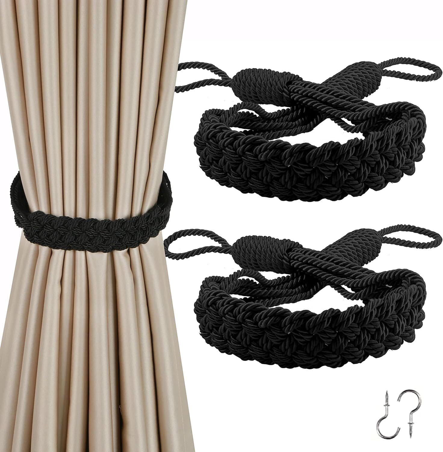 BEL AVENIR Curtain Tiebacks Ropes Hand-Woven Weave Braid Ties Handmade Home Office Decorative Holdbacks with 2 Metal Screw Hooks (Black)