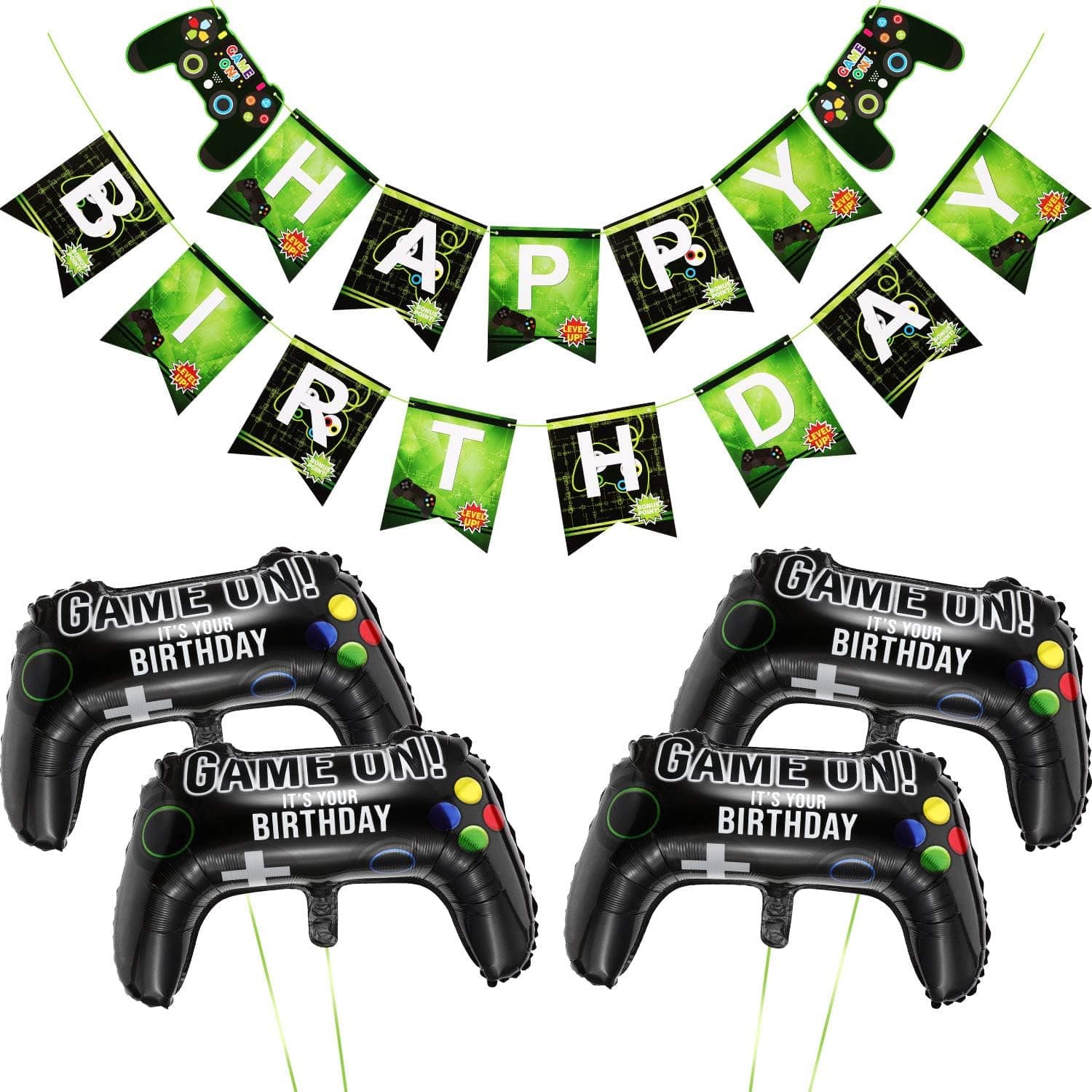 5 Pieces Video Game Party Supplies Game on Balloons and Happy Birthday Gaming Balloon Banner for Birthday and Game Party Decorations