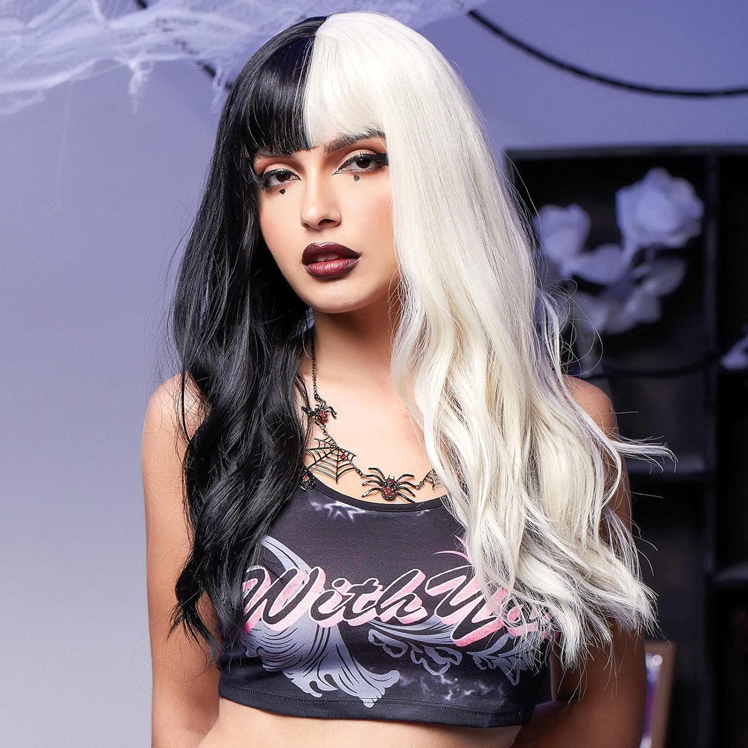 HAIRCUBE Black and White Curly Wigs with Bangs,Long Wave Wigs for Women Natural Synthetic Wigs Cosplay Wigs