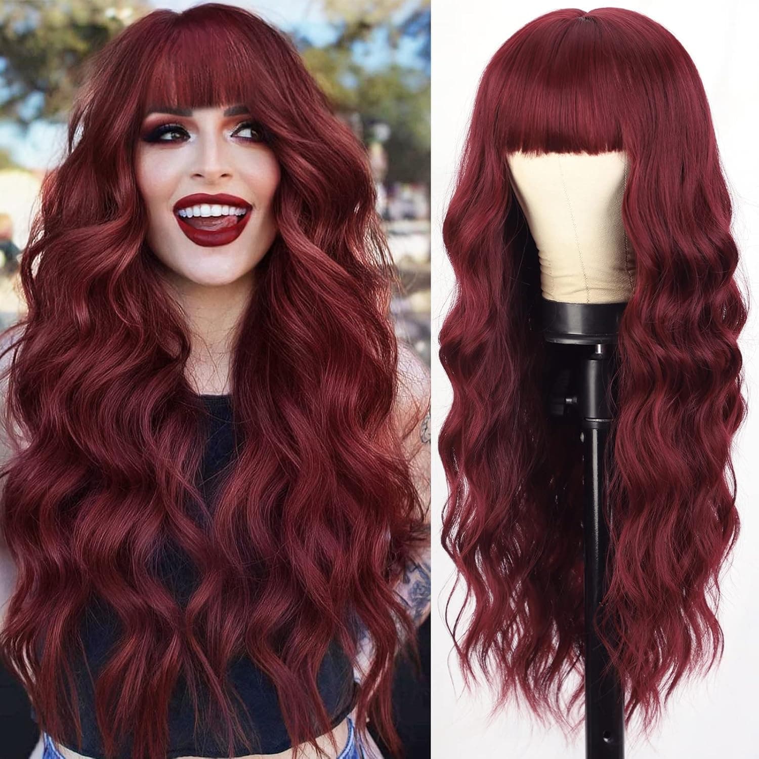 AISI QUEENS Long Wig with Bangs Wine Red Wavy Wigs for Women Synthetic Heat Resistant Fibre Burgundy Wigs for Girls Daily Party Use