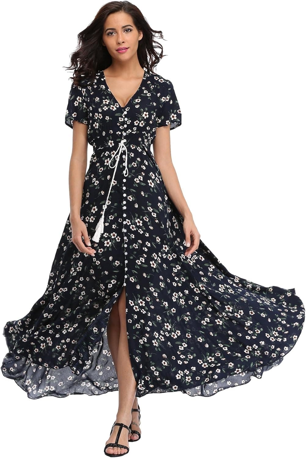 Ferrendo Women's Floral Maxi Dress Button Up Split Flowy Bohemian Party Beach Dresses