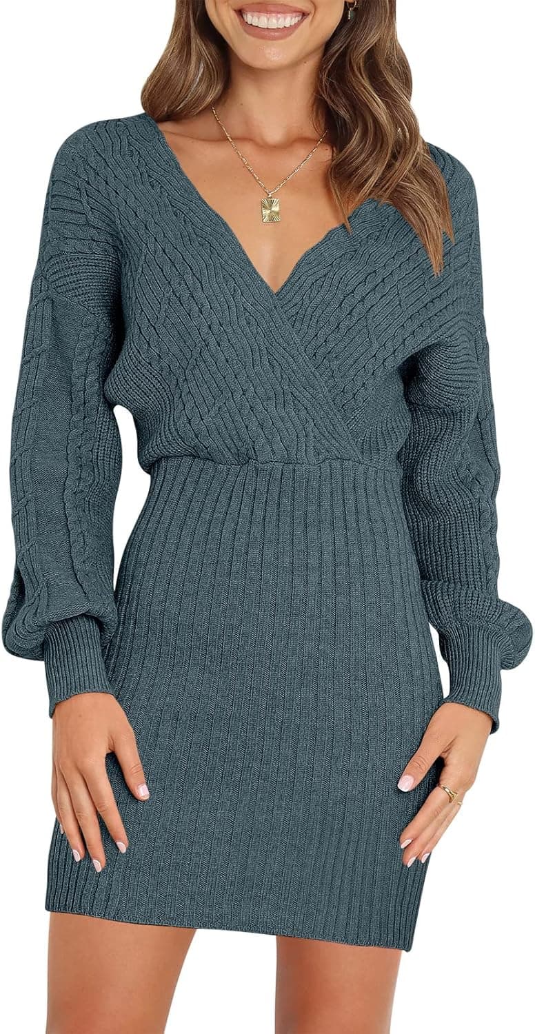 Caracilia Women's Wrap V Neck Drop Shoulder Long Lantern Sleeve Cable Knit Bodycon Mini Sweater Dress
