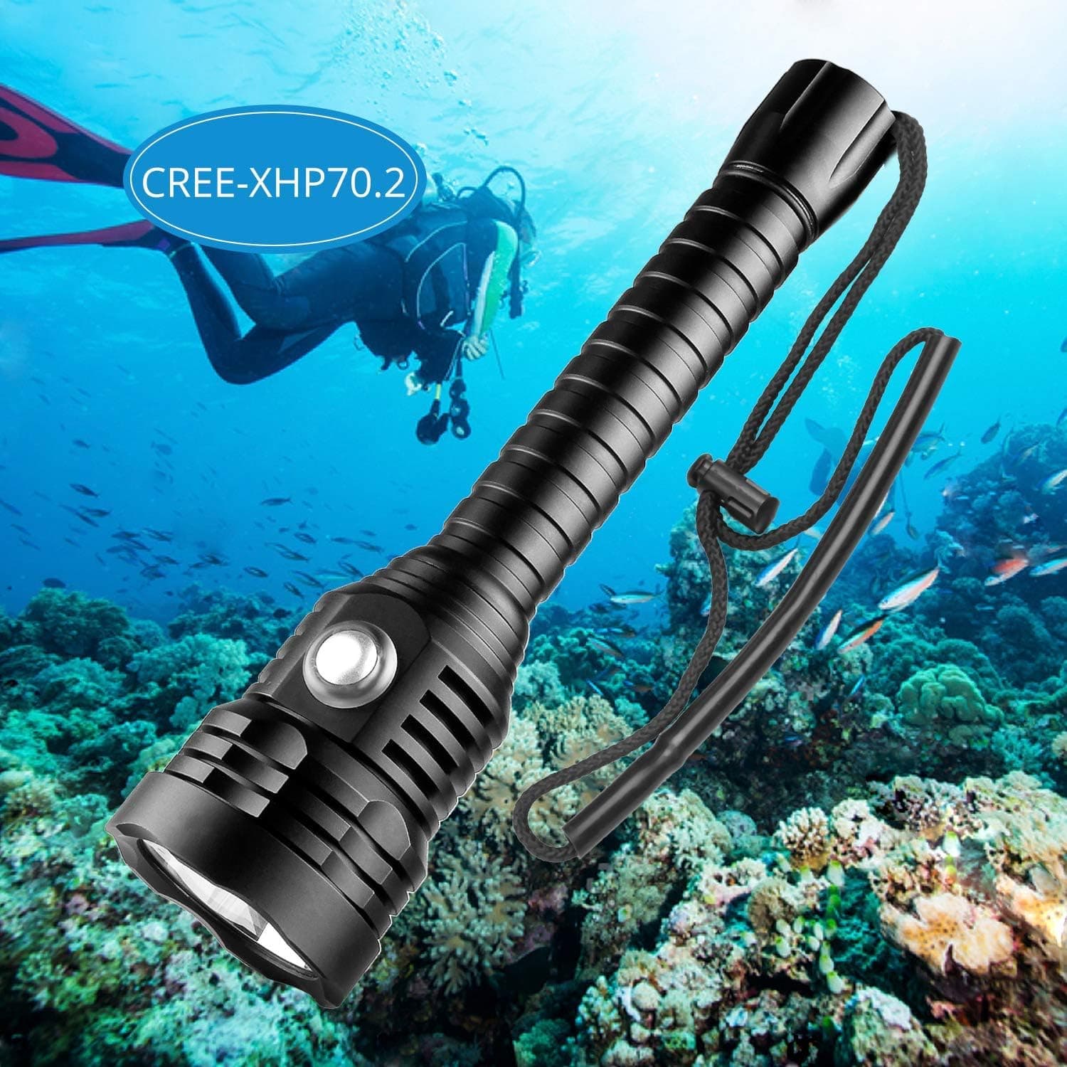 Sondiko CREE-XHP70.2 Diving Flashlight, 5000 Lumen Super Bright 100M Underwater Scuba Diving Light with Rechargeable Batteries and Charger, Black