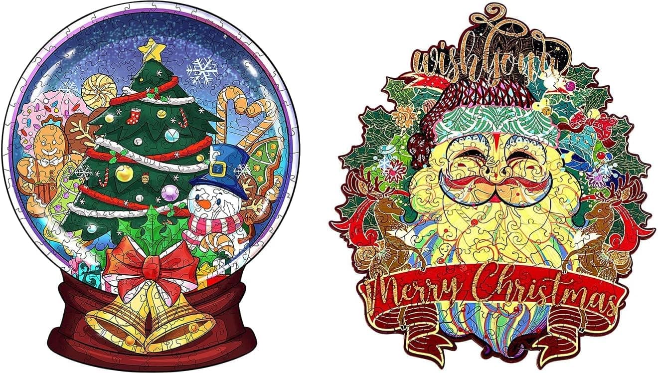 L-Christmas Crystal Ball Wooden Puzzle 14.6x11.7in 262pcs & M-Santa Claus Wooden Puzzle 11.8x9.8in 212pcs