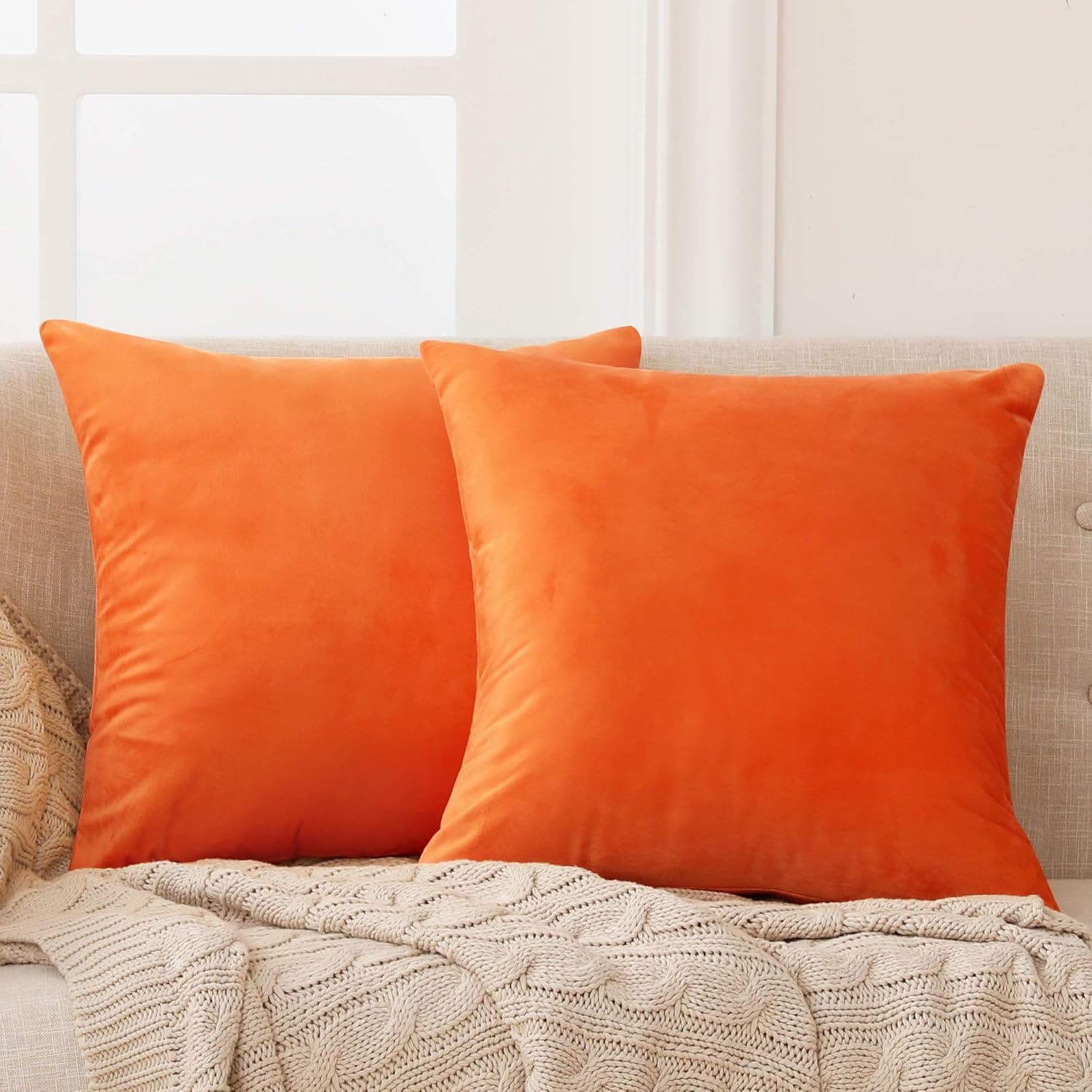 Deconovo Decorative Velvet Throw Pillow Covers for Sofa - 20x20 in, 2 Pcs, Orange