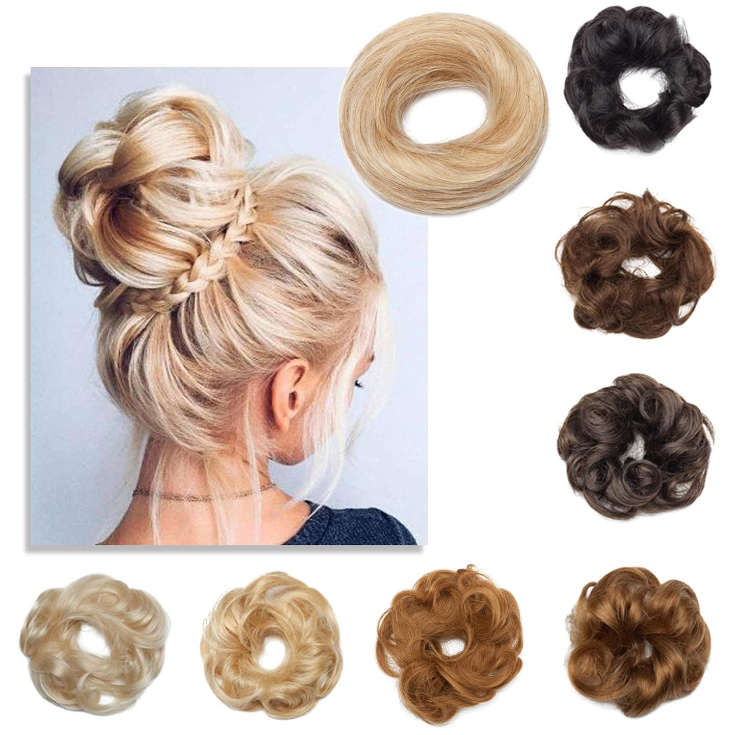 S-noilite Human Hair Messy Bun Hair Piece 2PCS Rose Bun Scrunchies Updo for Women Kids Wedding Elegant Chignons Donut Ponytail Hairpiece #18/613 Ash Blonde/Bleach Blonde