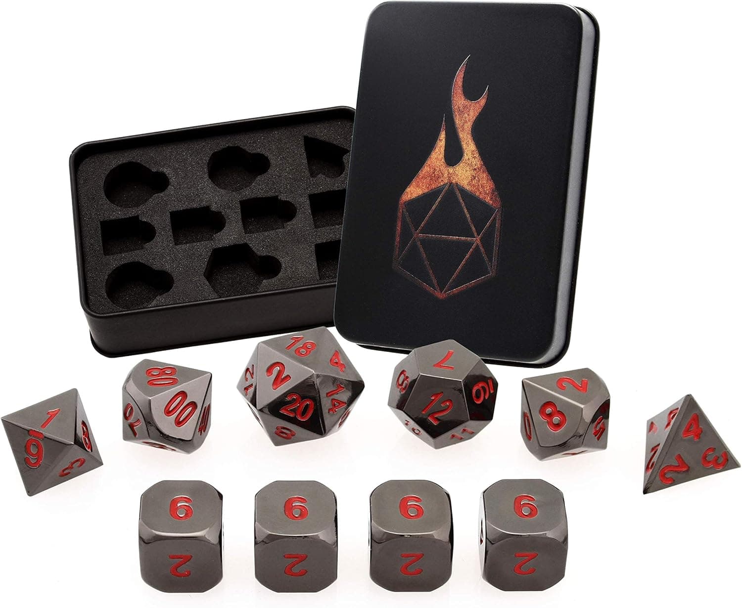 Forged Dice Co. Metal Dice Set - Polyhedral Dice Set of 10 with Dice Storage Tin and Stickers - Metal DND Dice and Gaming Dice for Dungeons and Dragons RPG Games Gunmetal w/Red Numbers