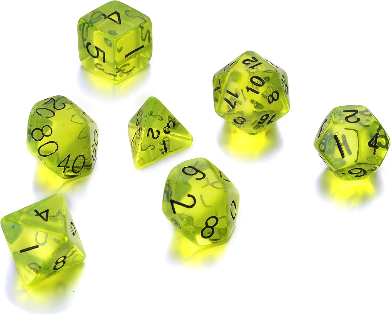 REINDEAR 7 Die Polyhedral Role Playing Game Dice Set with Velvet Pouch (Transparent Olive Green)