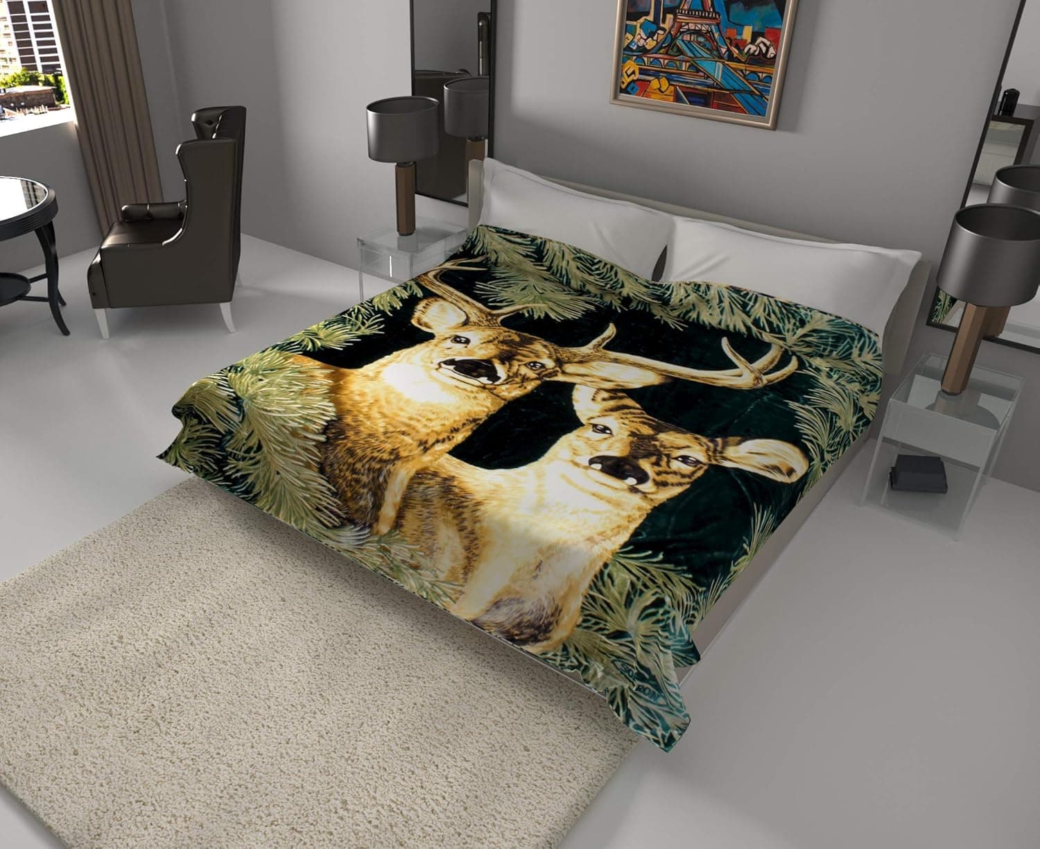 SOLARON Korean Super Thick Heavy Weight Ultra Silky Soft Mink Heavy Duty Reversible Blanket Bed comforters bedspreads Bedding Comforter King or Queen (King, 136 Deer Green)