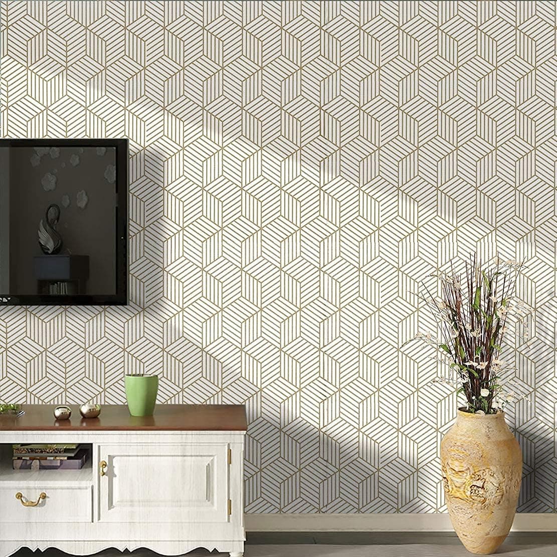 vovoyager Gold Geometric Hexagon Wallpaper Modern Wallpaper 17.71In X 196In Contact Paper Peel and Stick Wallpaper Vinyl Waterproof Removable Self Adhesive Wallpaper for Bedroom Shelf Drawer Liner