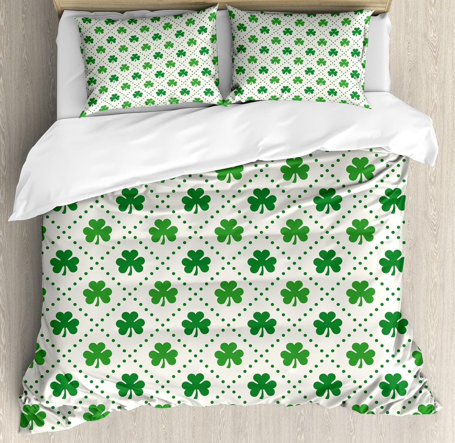 Ambesonne Irish Duvet Cover Set, 4 Leaf Shamrock Clover Flowers Dotted Dashed Lines National Culture Art, Decorative 3 Piece Bedding Set with 2 Pillow Shams, King Size, White Green