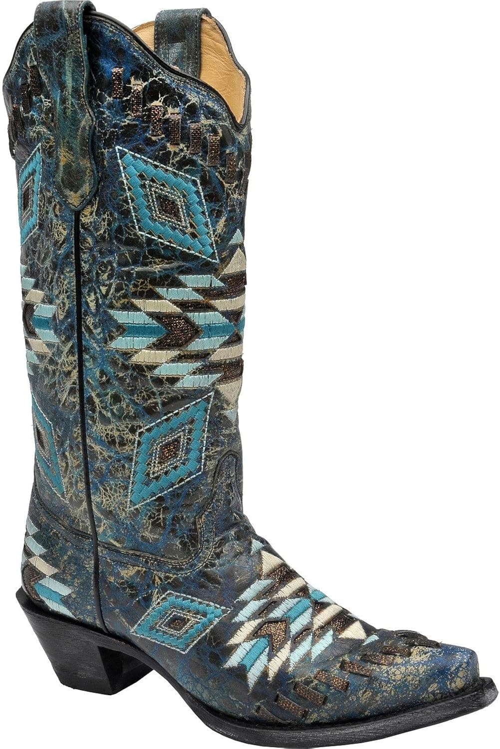 CORRAL Women's Distressed Turquoise Aztec Woven Cowgirl Boot Snip Toe Turquoise 8.5 M US