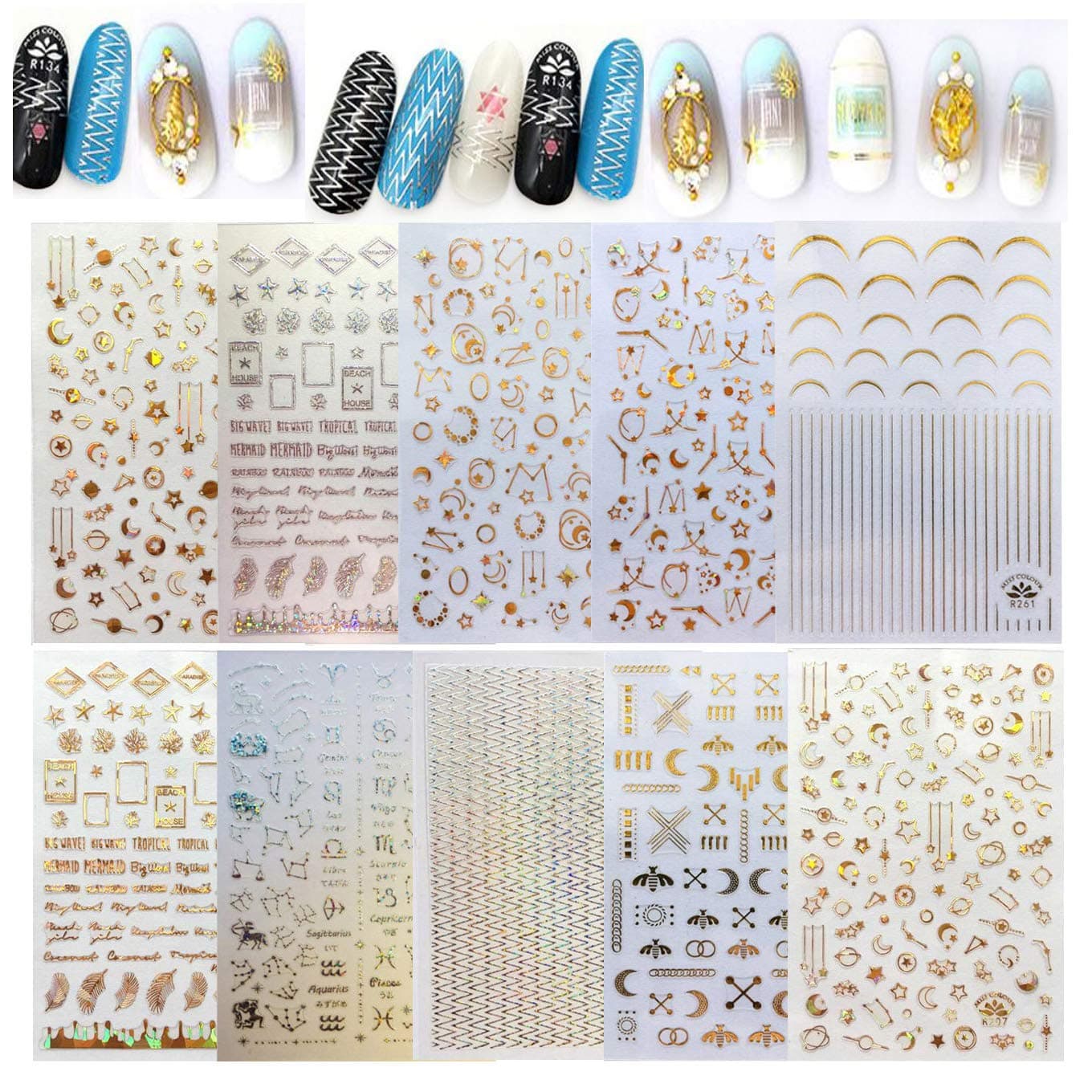 LuckForever 10 Sheet 3D Metallic Nail Stickers Decals Gold Star Moon Geometry Self Adhesive Nail Art Sticker Constellation Decals DIY Nail Tips Decorations