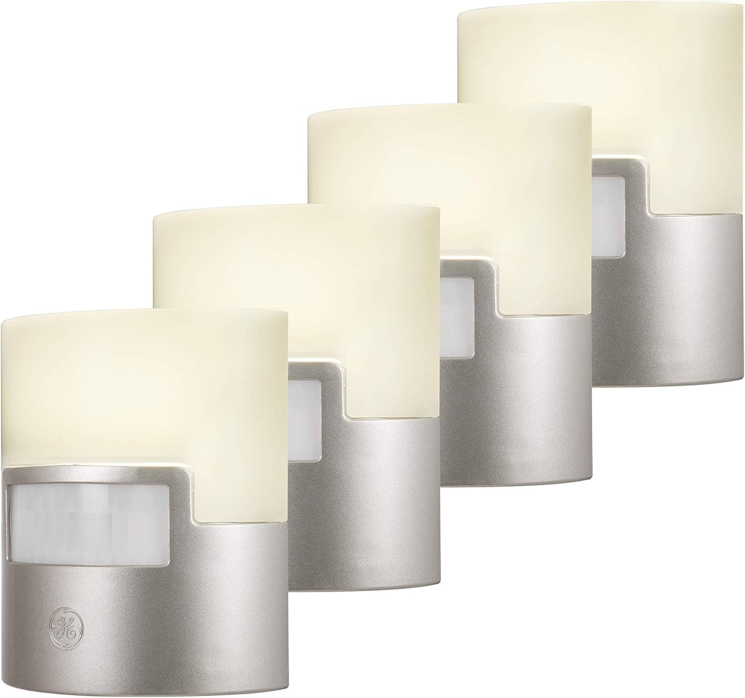 GE Enbrighten LED Motion Sensor Night Light, Plug-in, 40 Lumens, Soft White, UL Certified, Energy Efficient, Ideal Nightlight for Bedroom, Bathroom, Kitchen, Hallway, 47231, Silver, 4 Pack