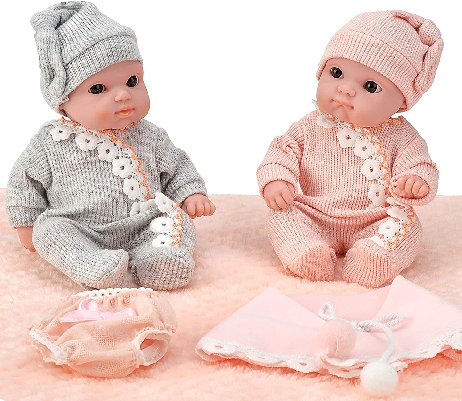 Mommy & Me Doll Collection 8 Inch Newborn Twin Baby Dolls, Vinyl Body Boy and Girl Twins with Rompers, Hats, Furry Blanket, Swaddle, and Bloomer