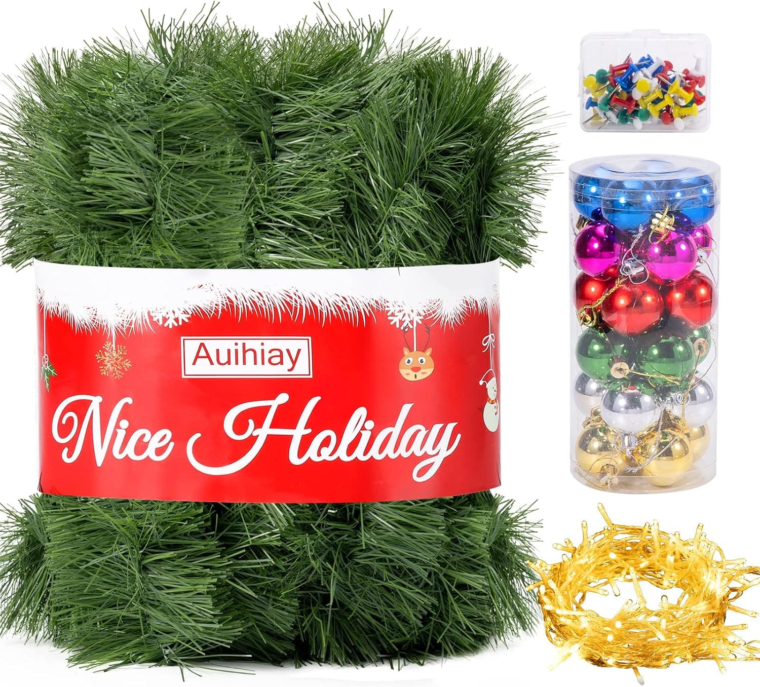 Auihiay 54 Feet Green Garland Christmas Garland Decoaration Kit Include 54 Feet String Light, Christmas Balls for Home Holiday Wedding Party Christmas Outdoor or Indoor Decor