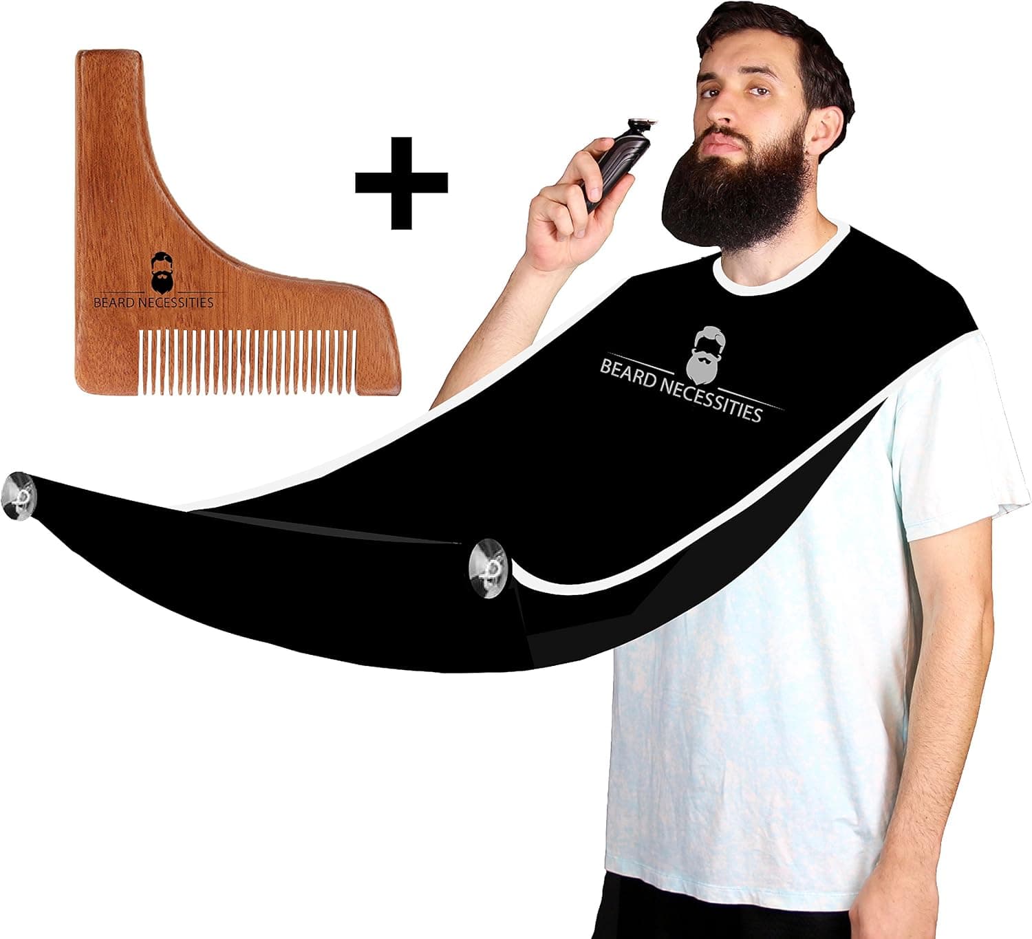 Beard Shaving Apron + Shaping Comb Kit by Beard Necessities Adjustable Apron Best To Use With Trimmer For Catching Mens Facial Hair. Grooming Care Set For Men Includes Bonus Tool. Shave Better Today!