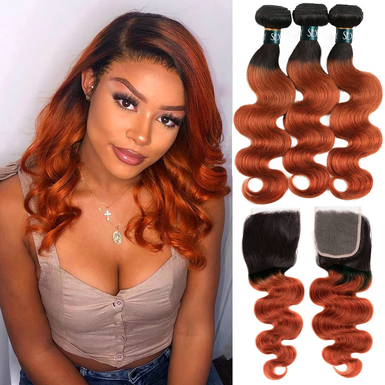 SEXAY 350 Ginger Bundles with Closure(16 18 20 w14) Brazilian Virgin Human Hair Brown Orange 350 Body Wave Ginger 3 Bundles Unprocessed Remy Hair with 4x4 Closure for Women (16 18 20 w14)