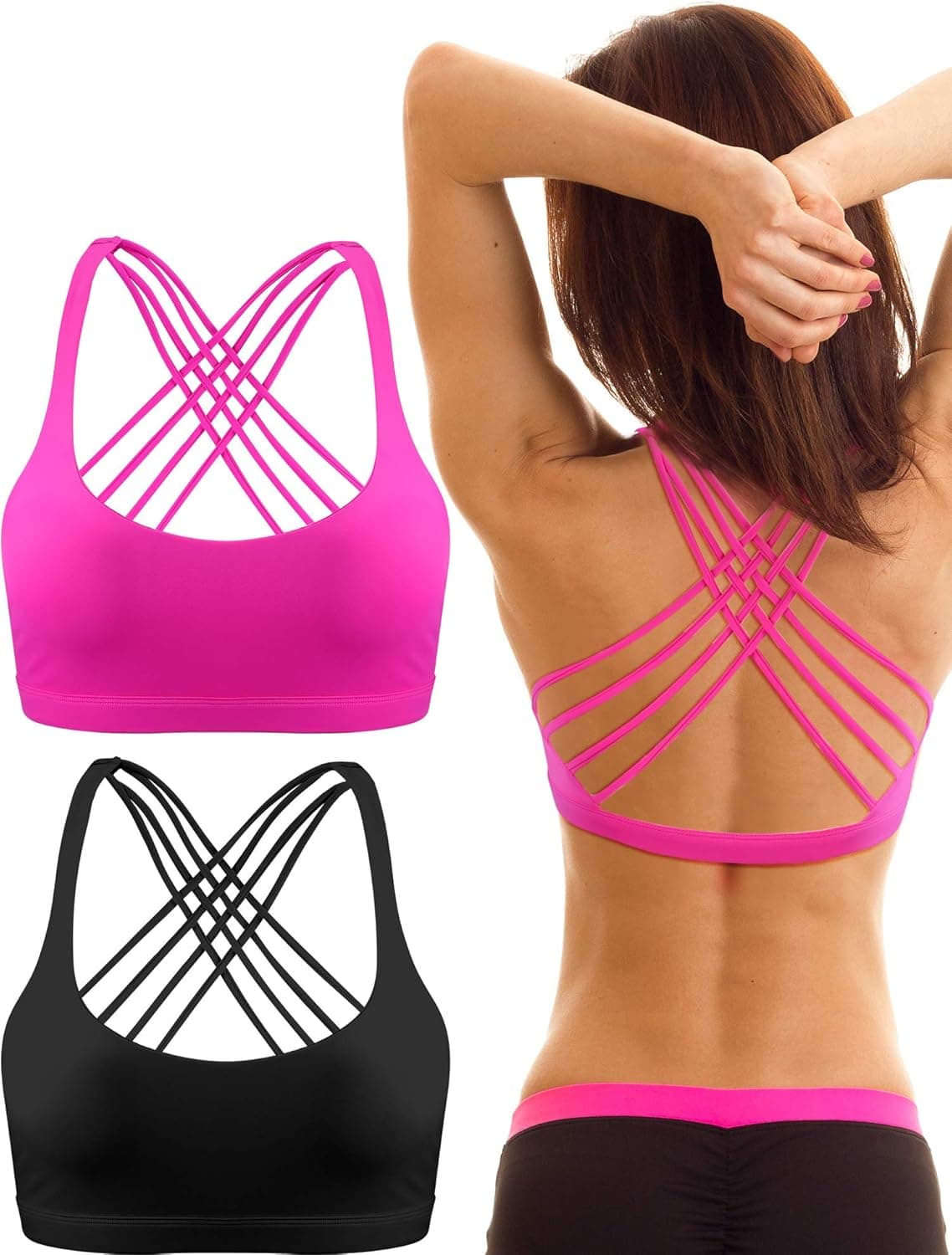 Patelai 2 Pack Womens Padded Sports Bra Cross Back Bra Workout Strappy Bra Seamless Comfortable Yoga Bra